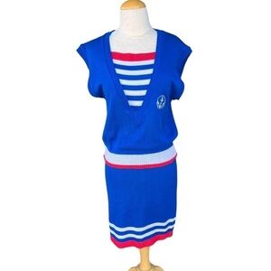 Vintage B.B. Knit Nautical Sailor Knit Skirt Set Medium Red White Blue USA Made